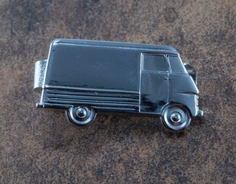 Vintage VAN Truck Tie Clip Silver Plated Metal Tieclip New Old Stock