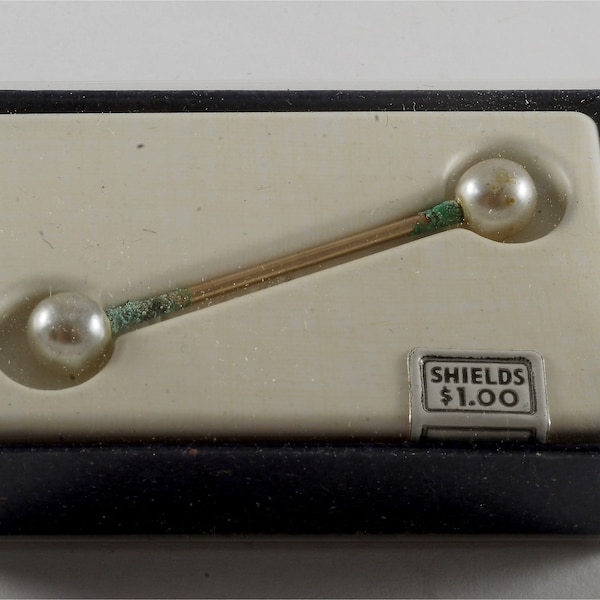 Vintage SHIELDS Collar Bar Faux Pearl Stay Men's Wedding Jewelry NOS In Box Damaged NOS In Case