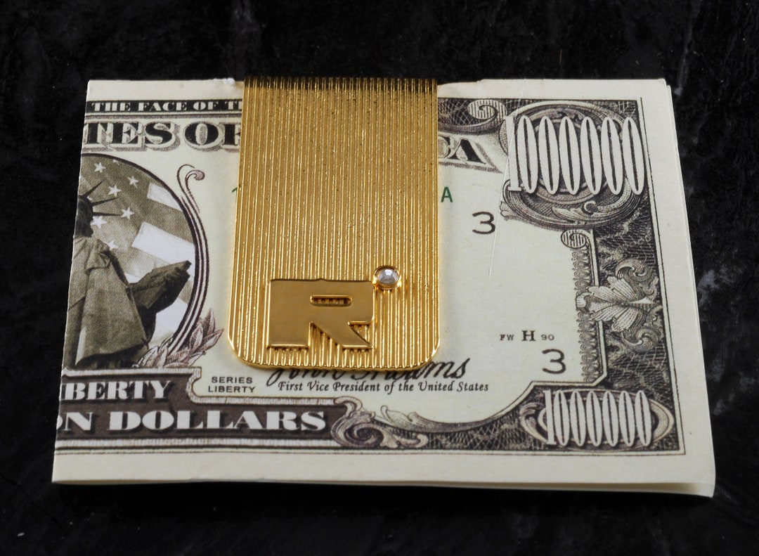 Vintage Money Clip Letter R Gold Plated Brass W Diamond Chip Ribbed NOS ...