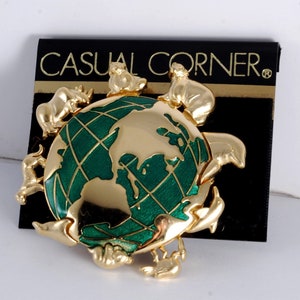 TONA Large Pin/Brooch, World Globe w/Circle of Animals Green Enamel Signed