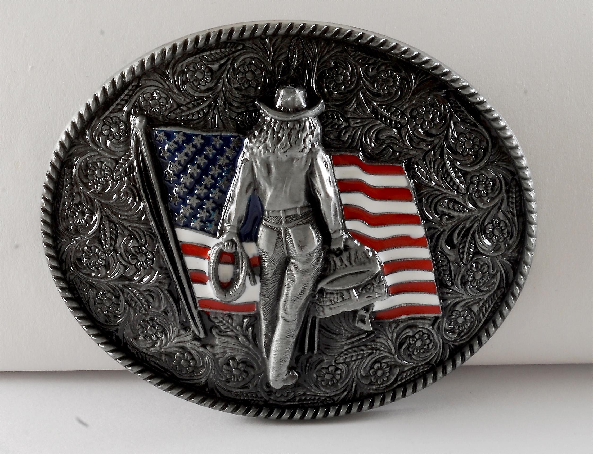 Cowgirl American Flag Belt Buckle Silver Tone Metal 42mm  display picture 2