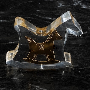 Vintage Rocking Horse  Acrylic w Embedded Gold Desk Figurine Collectible  New Old Stock