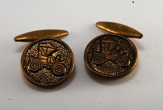 Very Old Cuff Links  Antique Auto Car Brass Chain… - image 1