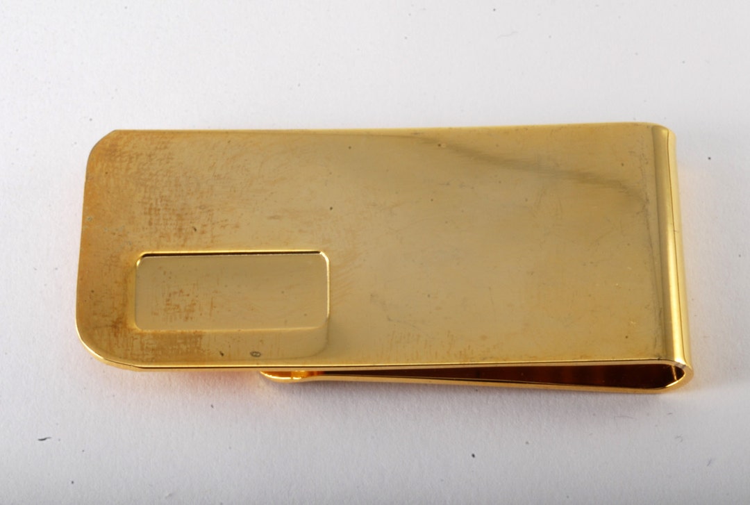 Vintage Collectible Shiny Gold Plated Brass Money Clip W Indent