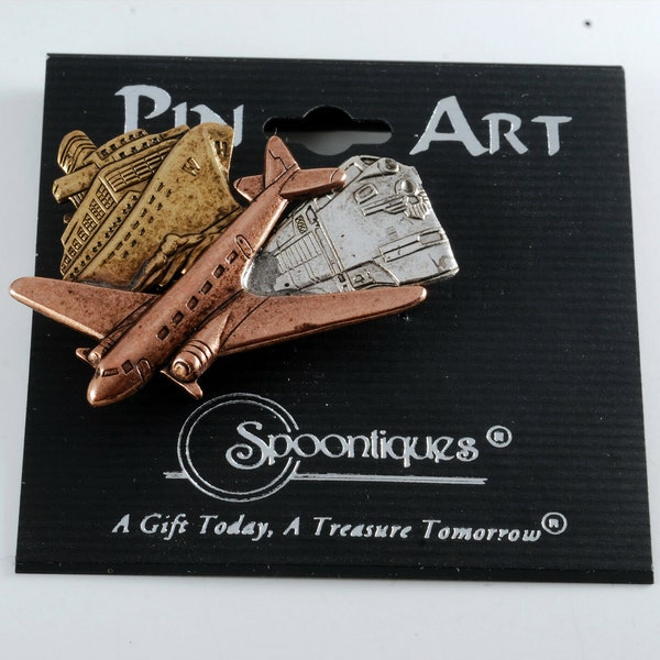 Pin Art Plane Train & Boats Travel Pin Made In USA Spoontiques New On Card