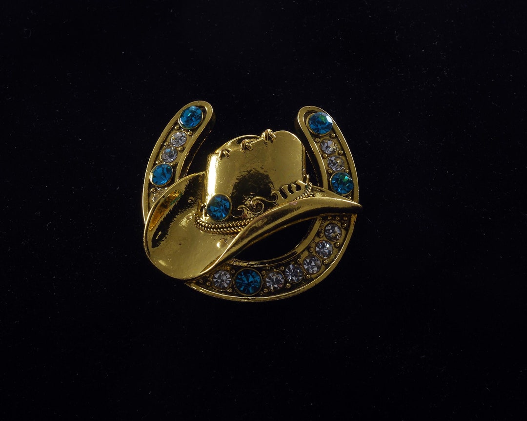 Cowboy Hat Horseshoe Pin Gold Plated Brass With Blue & Clear Rhinestone ...