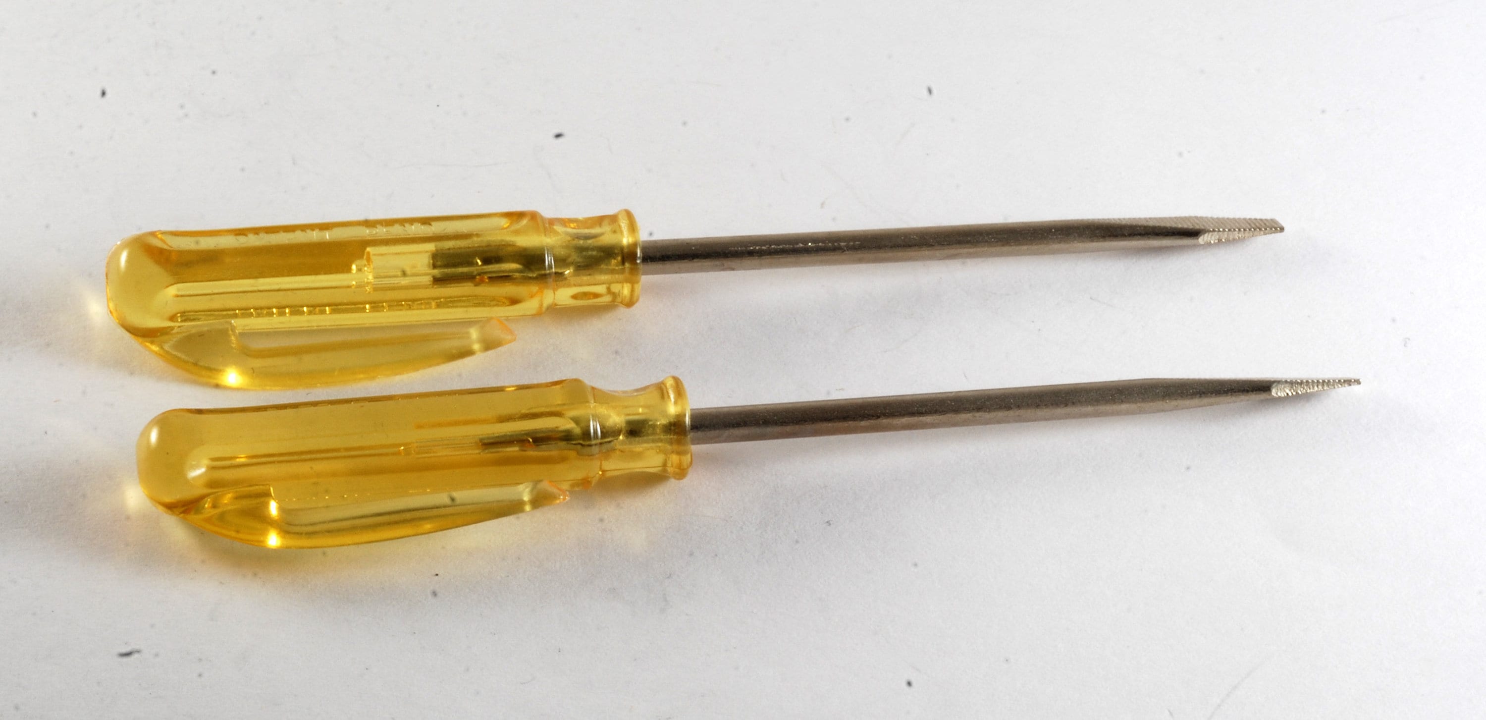 2 Vintage Mini Pocket SCREWDRIVER W Handle Holder Yellow 1960 s