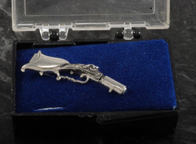 Vintage Flintlock Pistol Tie Clip Tieclip Silver Plated Brass In Original Case