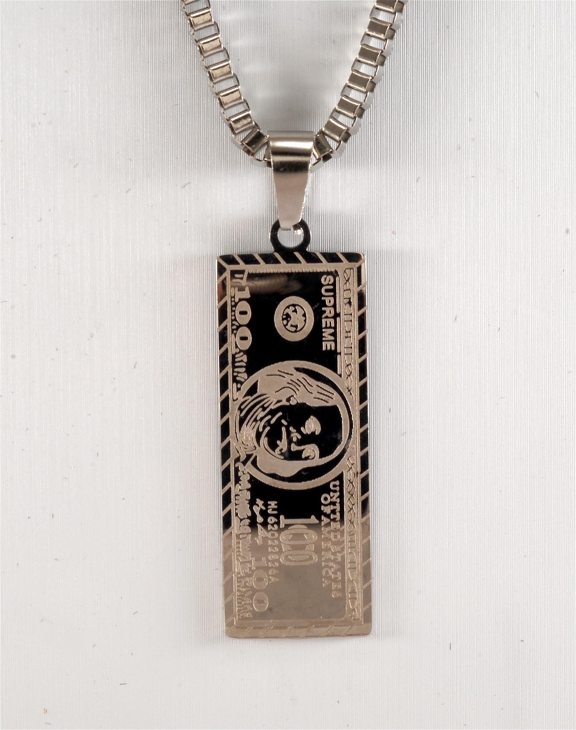 Designer Necklace Silver 100 Dollar Bill Pendant on Silver Chain