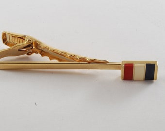 Vintage French Flag Tie Clip Red White Blue Enamel on Gold Plated Brass NOS