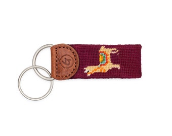 Hand-Stitched Llama Needlepoint Keychain with Leather Trim