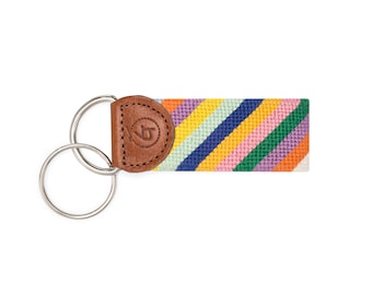 Striped Needlepoint Keychain with Leather Trim, Hand-stitched Key Fob