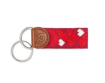 Mini Heart Needlepoint Key Fob, Embroidered Keychain with Leather Trim