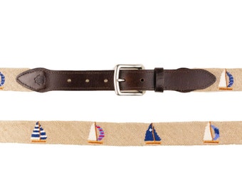 Nautical Needlepoint Tan & Blue Leather Sailboat Vintage 80’s Belt Size L/XL Sailboat Needlepoint Belt Navy and Tan backgrounds available  main image 3