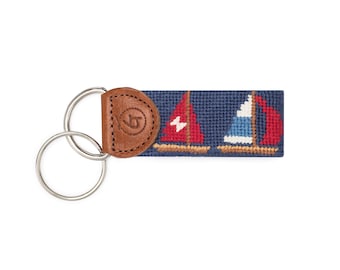 Needlepoint Sailboat Keychain, Hand-Stitched Sailor Gift