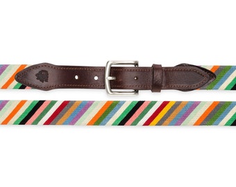 Geometric Designer Stripes Needlepoint Belt, Hand Stitched Colorful Belt for Men and Women, Cool Leather Needlepoint Belt