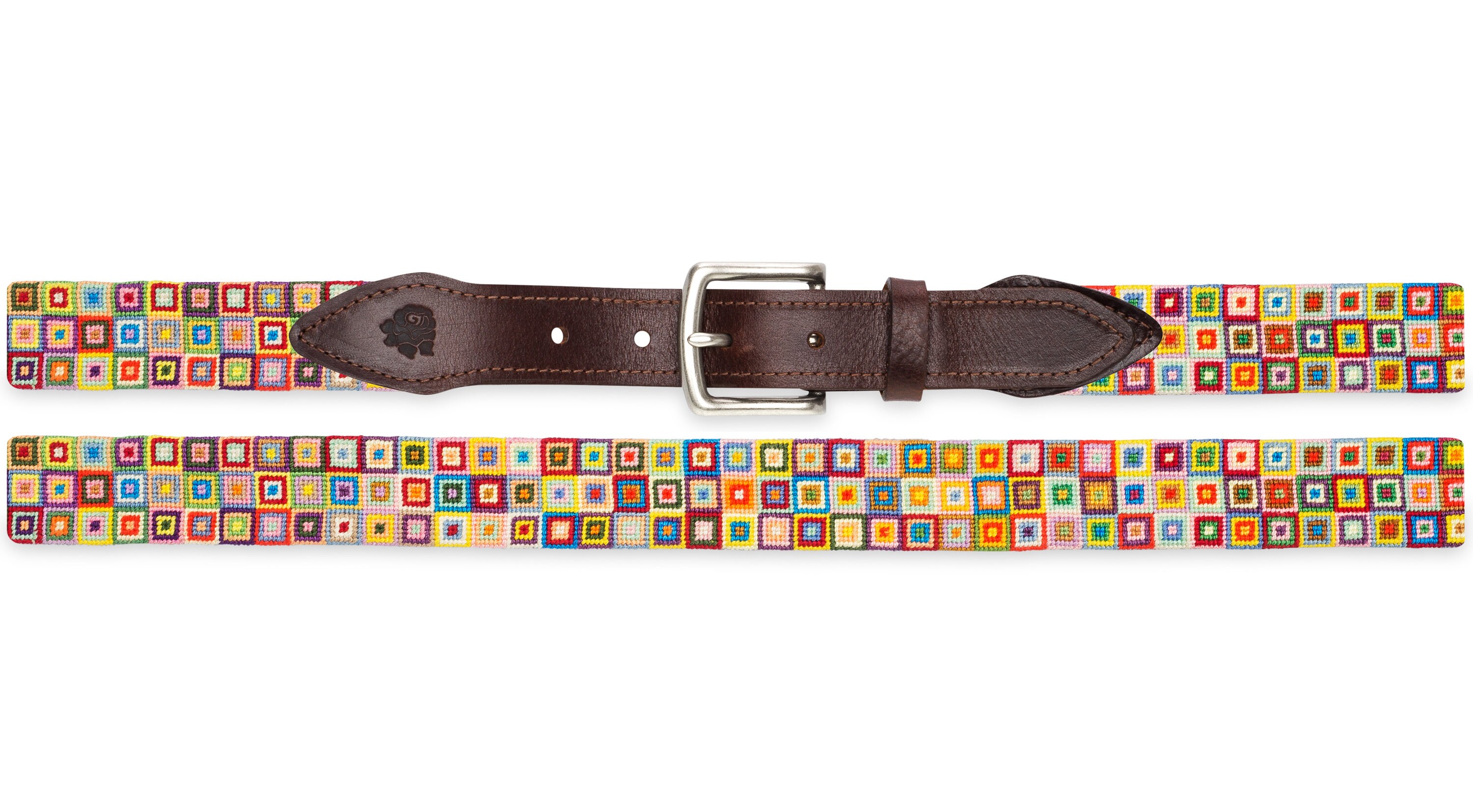 Hand Stitched Needlepoint Belt, Geometric Stripes, Leather  display picture 3