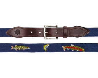 Nautical Needlepoint Tan & Blue Leather Sailboat Vintage 80’s Belt Size L/XL Sailboat Needlepoint Belt Navy and Tan backgrounds available  main image 4