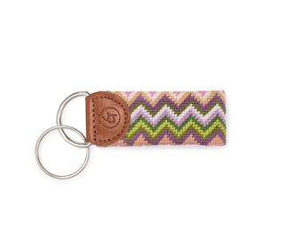 Needlepoint Key Fob - Hand-stitched Chevron Keychain with Leather Trim