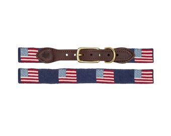 USA Flag on Navy Dog Collar, Needlepoint Collar, Leather, Brass Buckle