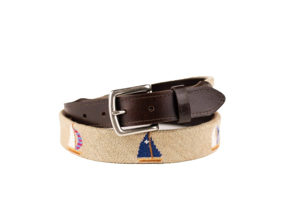 Nautical Needlepoint Tan & Blue Leather Sailboat Vintage 80’s Belt Size L/XL Sailboat Needlepoint Belt Navy and Tan backgrounds available  main image 2