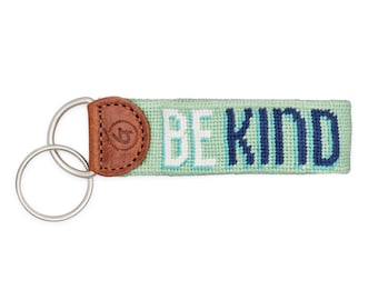 Be Kind Needlepoint Keychain, Hand-Stitched with Leather Trim