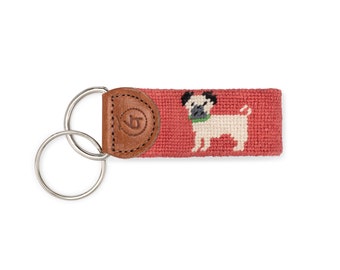 Handmade Needlepoint Pug Keychain, Leather Trim Dog Keyfob