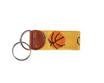 Needlepoint Basketball Keychain with Leather Trim