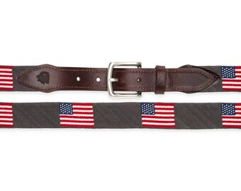 American Flag Needlepoint Belt with Leather Trim, Hand-stitched