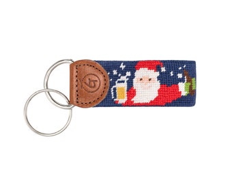 Boozy Santa Keychain / Santa Lovers Gift / Fun Holiday Gift / Needlepoint KeyChain / Santa Keychain / Happy Santa Keyfob / Santa Gift /