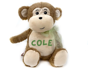 Personalized Baby Gift, Brown Monkey Embroidered with Name, Baptism Message or Birth Stats, Keepsake Stuffed Animal