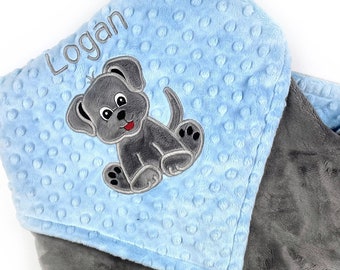 Personalized Minky Blanket with Puppy in Baby Blue and Gray Minky - A Newborn Keepsake Gift