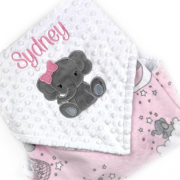 Custom Minky Baby Blanket, Pink and White Minky, Elephant Blanket, Personalized Gift for Newborn Baby Girl, Keepsake Baby Gift