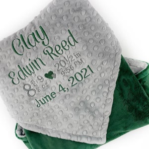 Minky Baby Blanket, Green and Gray Minky, Personalized Gift for Baby Boy, Plush Toddler Blanket, Baby Birth Stats, Newborn Gift