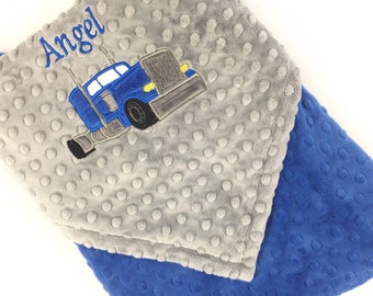 Minky Baby Blanket in Blue and Gray with Semi Truck Design and Personalized