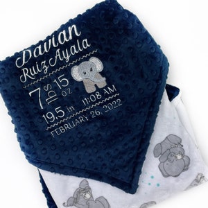 Personalized Baby Blanket, Navy Blue Minky, Elephant Print with Embroidered Birth Stats