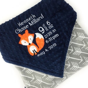 Minky Birth Stats Blanket, Grey Arrows and Navy Minky, Fox Blanket, Monogrammed Blanket, Personalized Blanket