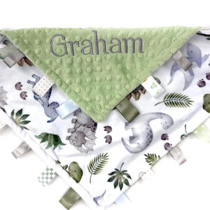 Personalized Dinosaur Minky Tag Blanket, Sage Green, Sensory Ribbon Lovey, Shower Gift for Baby, Embroidered Name