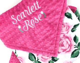 Baby Girl Blanket in Pink and Fuchsia Roses Minky and Personalized with Name or Birth Stats a Keepsake Gift