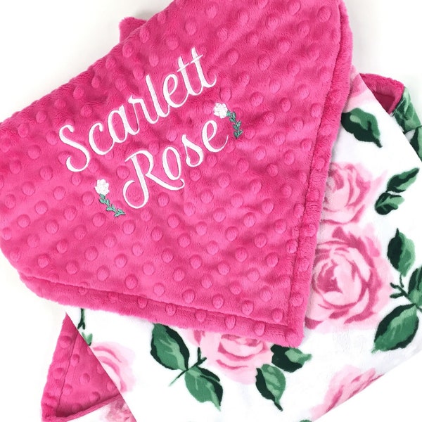 Baby Girl Blanket in Pink and Fuchsia Roses Minky and Personalized with Name or Birth Stats a Keepsake Gift