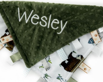 Personalized Tag Blanket, Woodland Animal Print Minky, Hunter Green Sensory Ribbon Lovey, Gift for Baby Boy, Welcome Gift for Baby