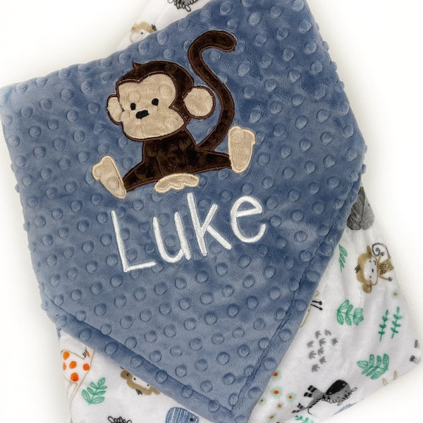 Personalized Baby Blanket in Gray and Blue Zoo Print Minky with a Monkey Applique a Plush Keepsake Gift