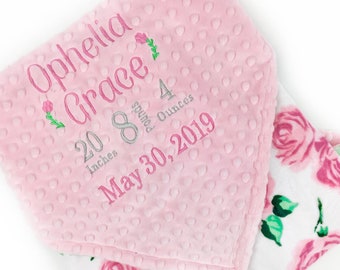 Personalized Baby Girl Minky Blanket: Pink Roses, Embroidered Birth Stats