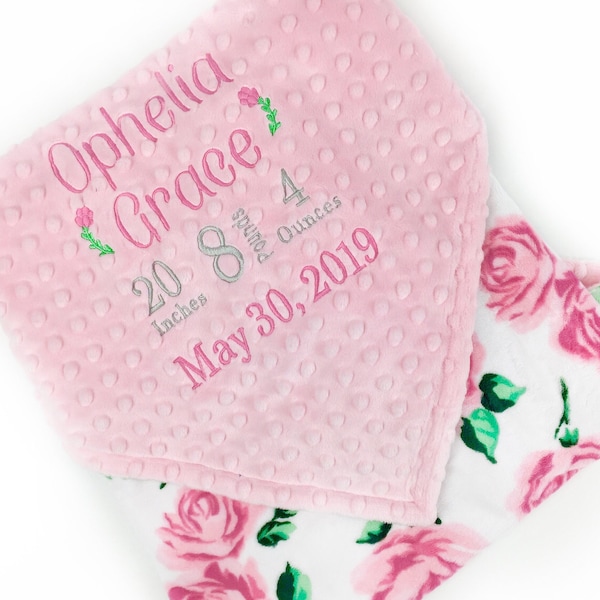 Baby Girl Blanket, Pink Roses Minky, Personalized with Name, Birth Stats Blanket, Keepsake Gift for Newborn Baby Girl