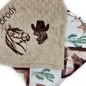 Cowboy Baby Blanket, Tan and Brown Minky, Personalized with Name, Horse, Hat and Boots - a Keepsake Gift for Baby Boy