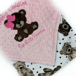 Baby Blanket with Teddy Bear in Pink and Brown and Personalized with Name, a Keepsake Gift