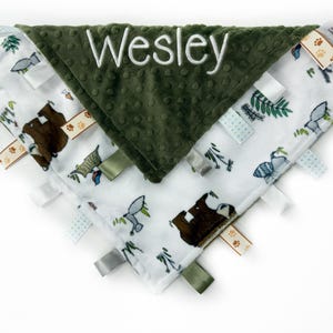 Personalized Tag Blanket, Woodland Animal Print Minky, Hunter Green Sensory Ribbon Lovey, Gift for Baby Boy, Welcome Gift for Baby