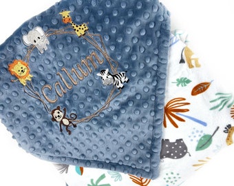 Personalized Baby Blanket in Blue and Gray Minky, Embroidered Name and Zoo Animals, Custom Blanket