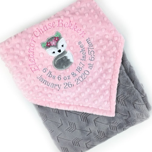 Fox Baby Girl Blanket in Pink and Gray Minky and Personalized Etsy