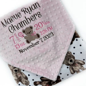 Birth Stats Baby Blanket, Pink Teddy Bear Minky, Personalized Baby Blanket, Blanket, Personalized Gift for Baby Girl, Keepsake Baby Gift
